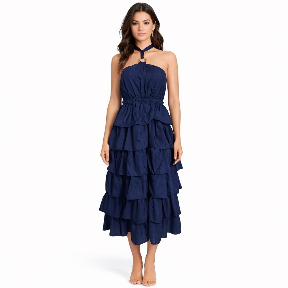 Do+Be Juniors Navy Tiered Midi Dress NWT Size S Halter Ruffle